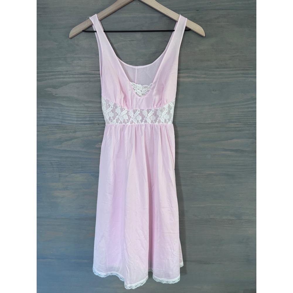 Vintage Miss Elaine Pink Lace‎ Silky Knit Slip Nightgown Size 35 Small Petite